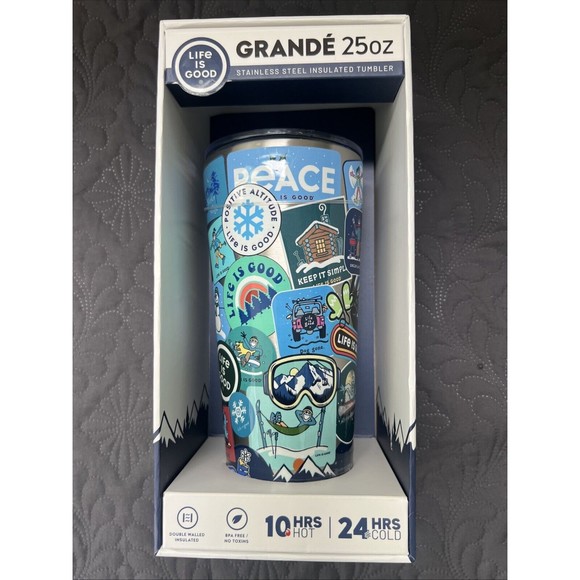 NIB Life Is Good 25 OZ Stainless Steel Tumbler Snow & Affirmation Stickers Gift - Picture 1 of 7
